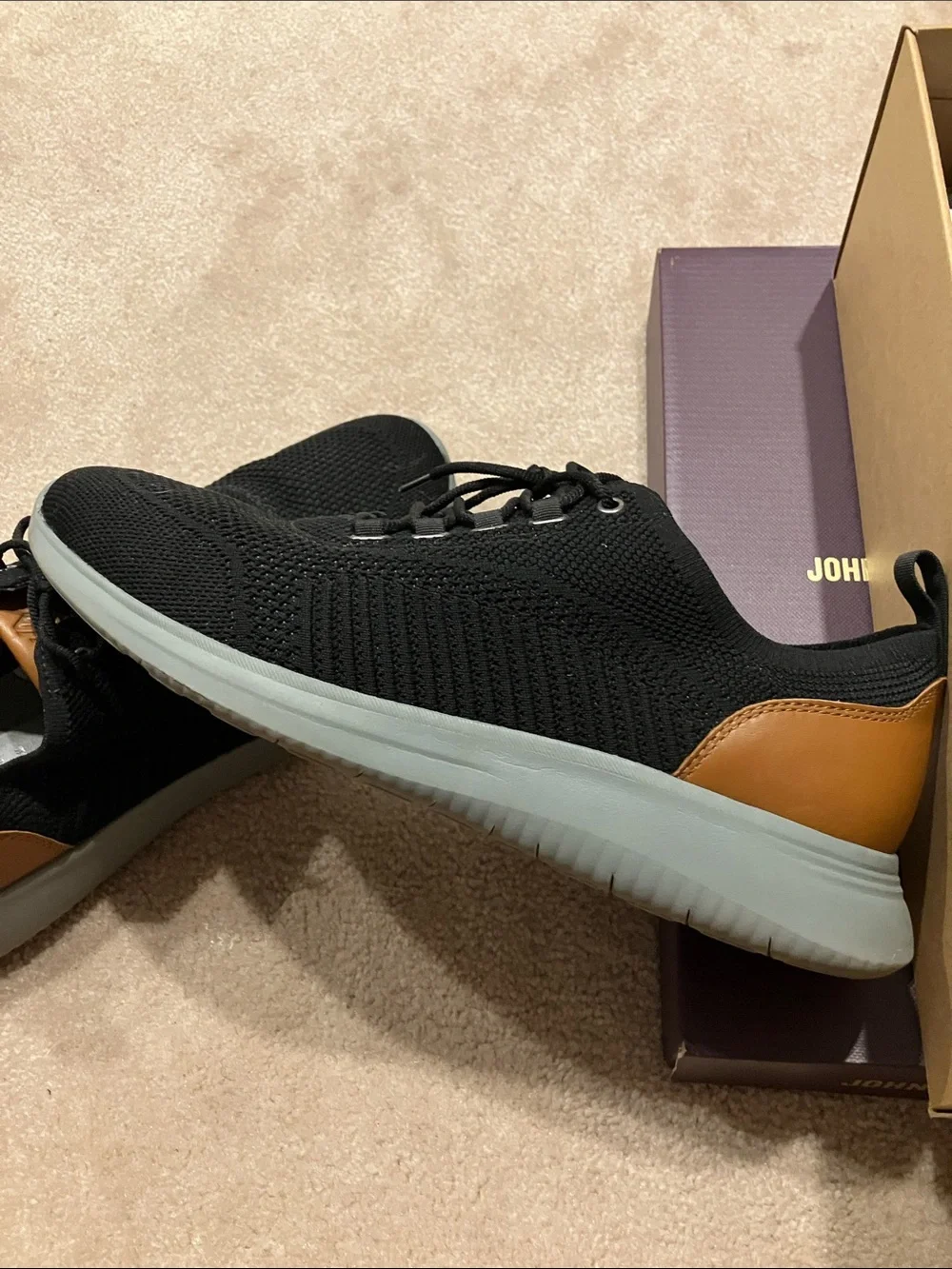 Johnston & Murphy Amherst Black Knit Sneakers with Brown Heel Accent